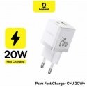 Baseus Sieninis įkroviklis Palm 20W USB + USB-C QC3.0 PD3.0 su USB-C kabeliu 1m, baltas Baseus Sieninis įkroviklis Palm 20W USB + USB-C QC3.0 PD3.0 su USB-C kabeliu 1m, baltas