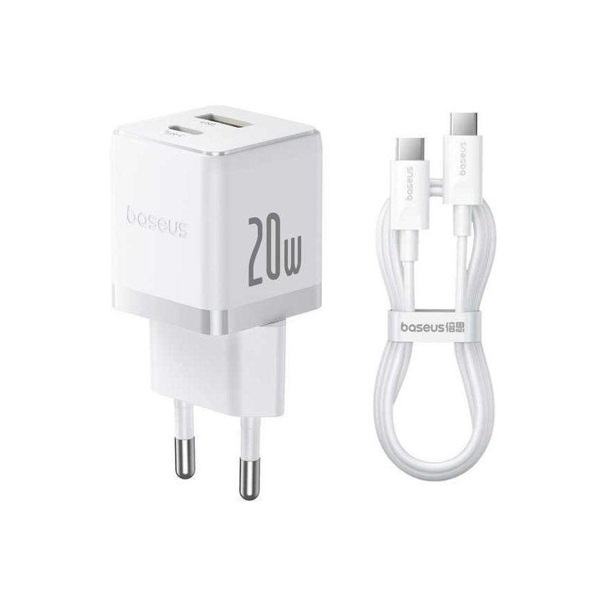 Baseus-seinälaturi Palm 20W USB + USB-C QC3.0 PD3.0 USB-C-kaapelilla 1m, valkoinen – 2