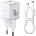 Baseus-seinälaturi Palm 20W USB + USB-C QC3.0 PD3.0 USB-C-kaapelilla 1m, valkoinen Baseus-seinälaturi Palm 20W USB + USB-C QC3.0 PD3.0 USB-C-kaapelilla 1m, valkoinen