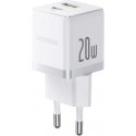 Baseus Sieninis įkroviklis Palm 20W USB + USB-C QC3.0 PD3.0 su USB-C kabeliu 1m, baltas Baseus Sieninis įkroviklis Palm 20W USB + USB-C QC3.0 PD3.0 su USB-C kabeliu 1m, baltas