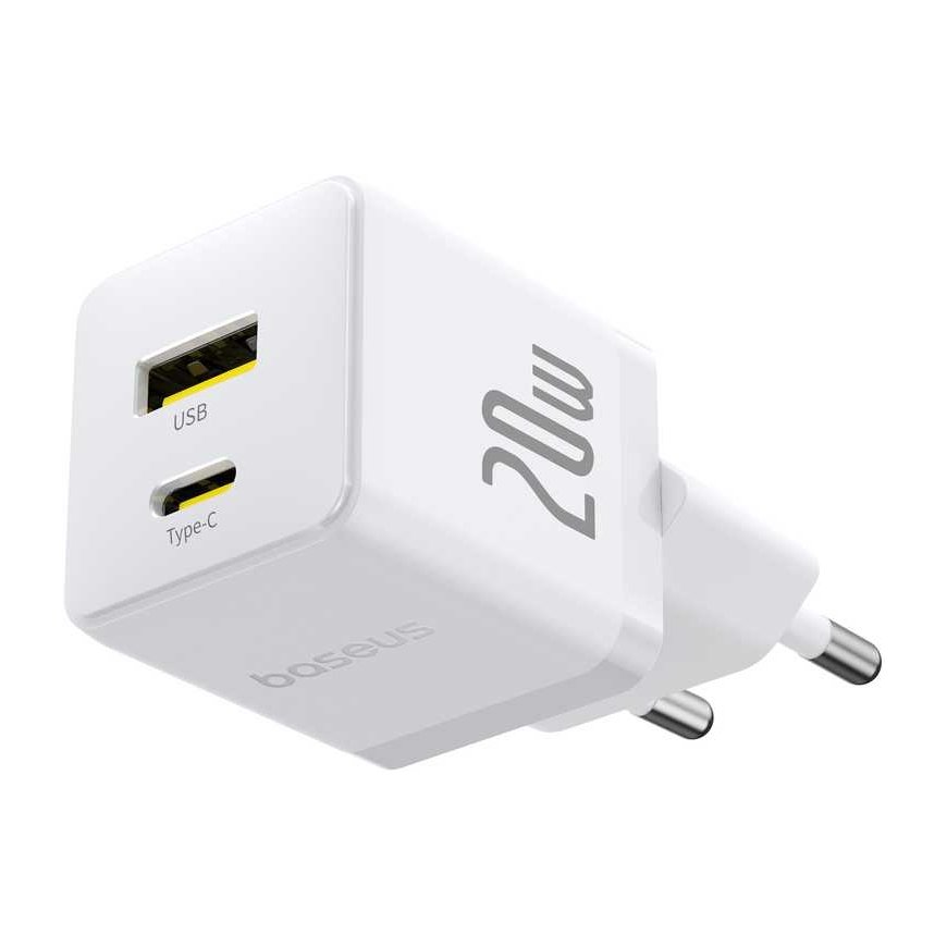 Baseus Sieninis įkroviklis Palm 20W USB + USB-C QC3.0 PD3.0 su USB-C kabeliu 1m, baltas – 5