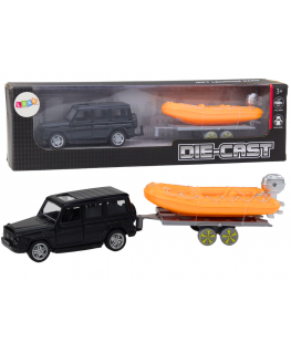Lean Toys Juodas visureigis su priekaba ir oranžine valtimi vaikams