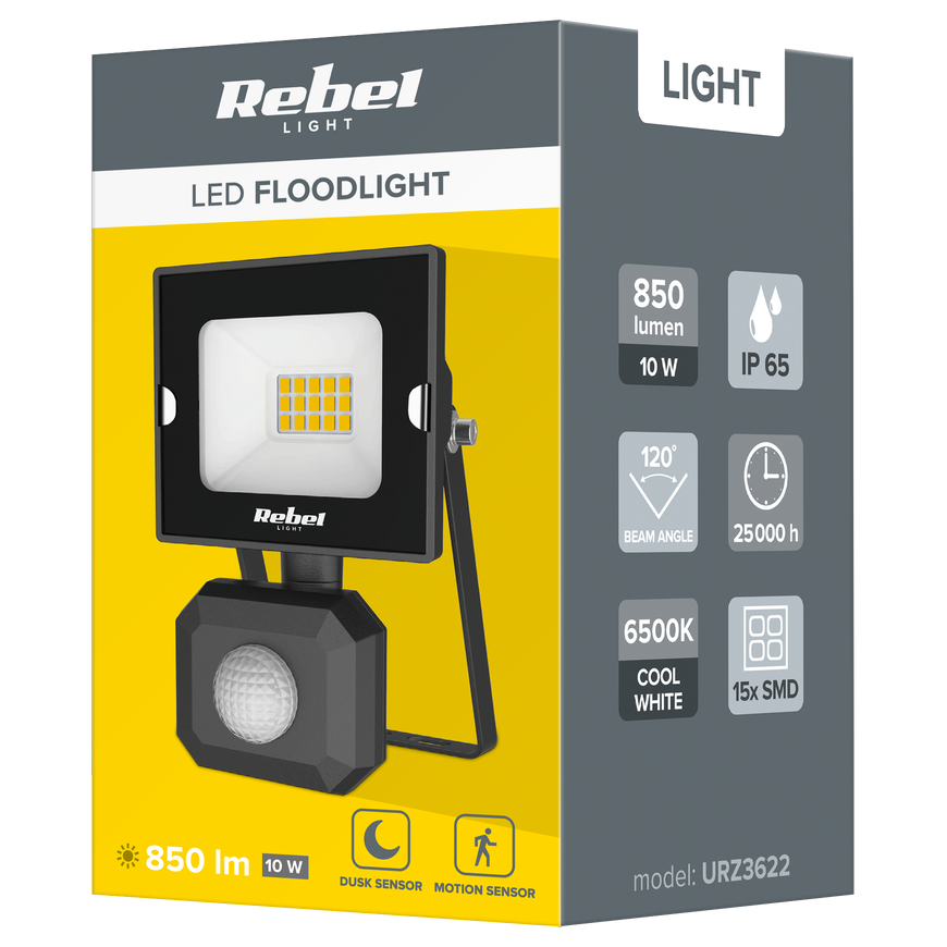 LED spotlight 10W Rebel with twilight and motion sensor, 6500K, 230V – 3