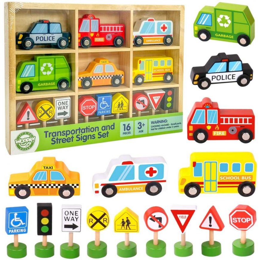 WOOPIE Green Set Wooden vehicles and road signs 15 pcs.