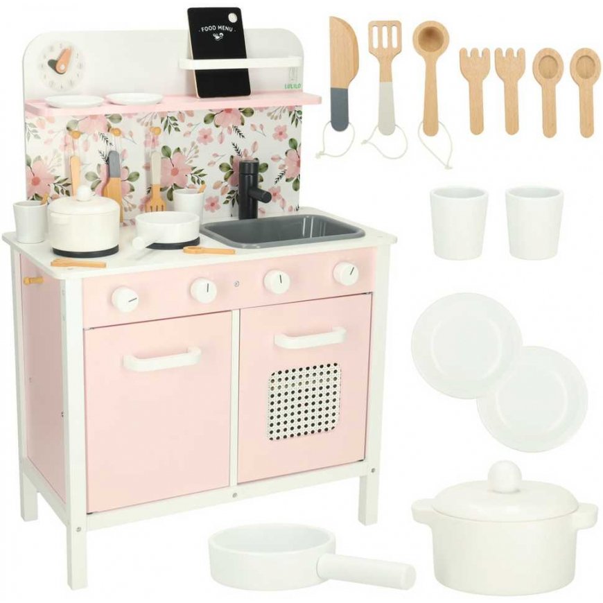 Ikonka Wooden Children's Kitchen Pink Flowers