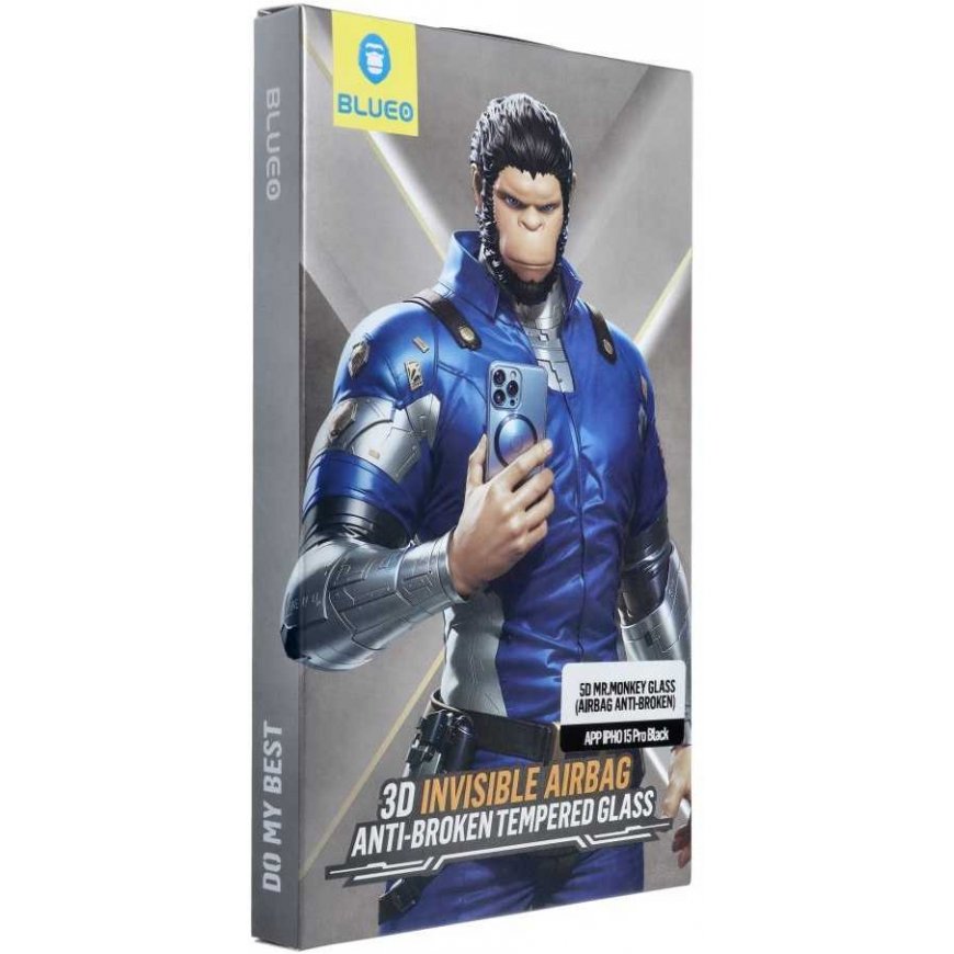 Blueo 5D Mr. Monkey Glass - Apple iPhone 15 Pro juodas (Airbag Anti-broken)