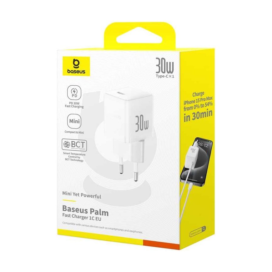 Baseus-seinälaturi Palm 30W USB-C QC3.0 PD3.0 USB-C-kaapelilla 1m, valkoinen – 5