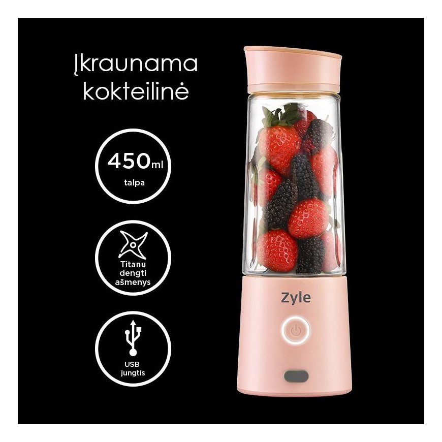 Rechargeable, portable cocktail shaker with titanium-coated blades Zyle, ZY015RBP, pink – 2