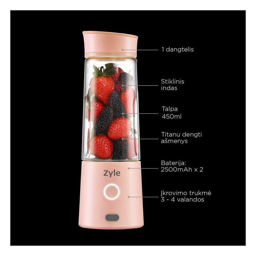 Rechargeable, portable cocktail shaker with titanium-coated blades Zyle, ZY015RBP, pink – 3