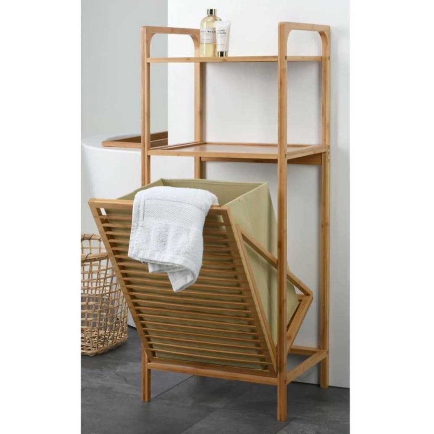 Bathroom solutions shelf with 2 shelves/laundry basket, bamboo