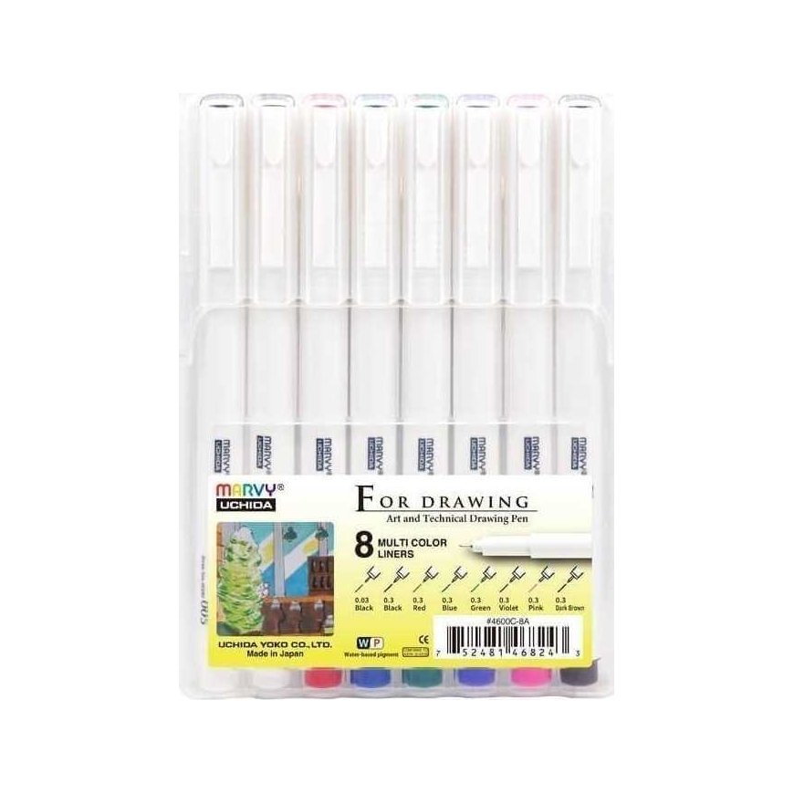 Graphic pens Marvy For Drawing 4600-8BX, 8 different lines, black 8pcs.