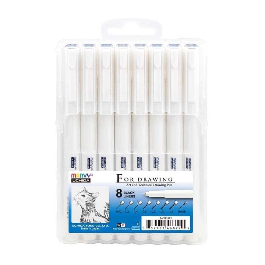 Marvy piirustuskynät 4600-8BX, 8 eri viivaa, mustat 8 kpl. – 2