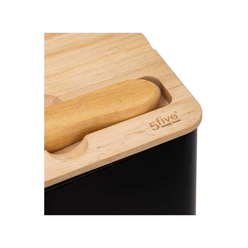 5five Simply Smart Juodos duonos dėžutė su pjaustymo lentele ir dantytu peiliu, 32,7 x 20,2 x 14,5 cm – 5