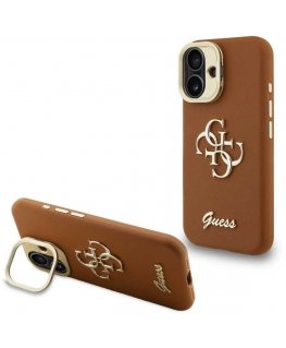 Guess PU Grained 4G Logo Stand Camera Frame case for Apple iPhone 16 brown