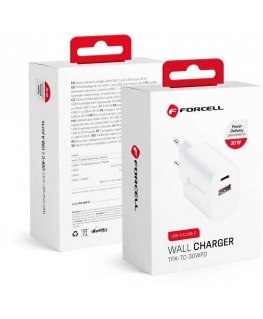 Laturi Forcell (1xUSB-C1xUSB 3A 30W) valkoinen