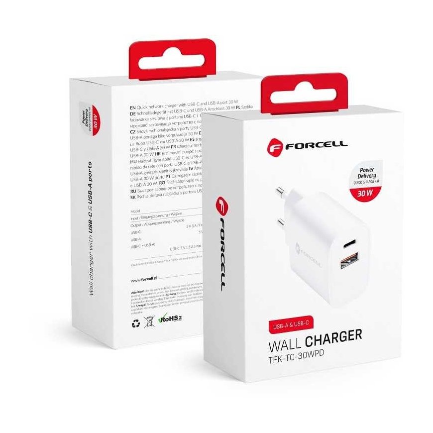 Charger Forcell (1xUSB-C1xUSB 3A 30W) white