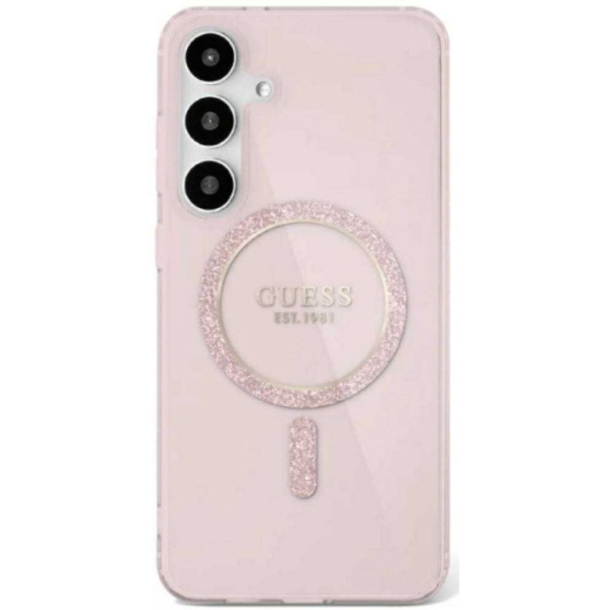 Guess Glitter Circle Classic Logo MagSafe -kotelo Samsung Galaxy S25 Ultralle, pinkki