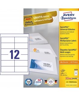 Avery 3659 liimaetiketti Suorakulmio Kiinteä Valkoinen 1200 kpl
