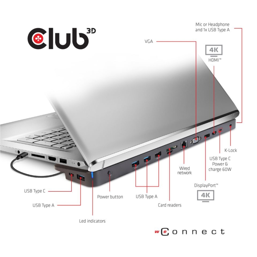 CLUB3D CSV-1564W65 kannettavien tietokoneiden telakka ja porttitoistin Telakointi USB 3.2 Gen 1 (3.1 – 3