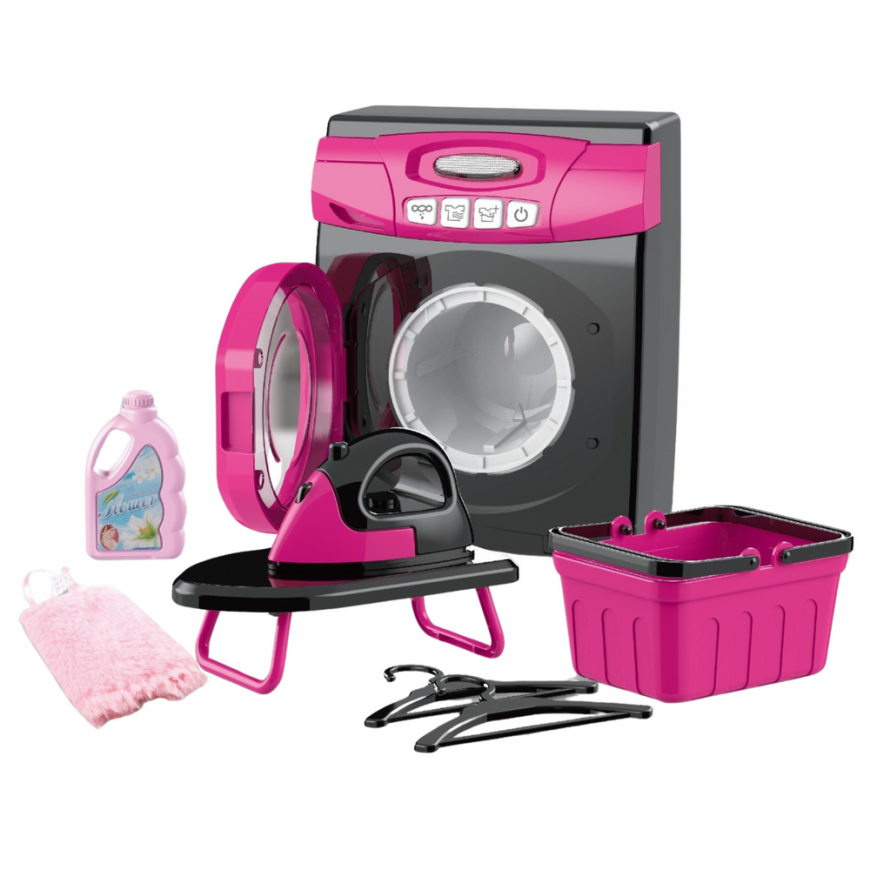 Lean Toys Home Appliances Set Interactive Washing Machine Lights Sounds Accessories Pink Black