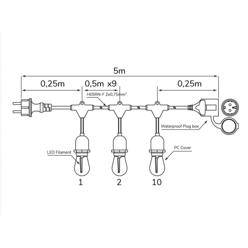 LED girlianda su 10 vnt E27 1W FILAMENT lemputėmis, šiltai balta 2700K, IP65, LEDOM – 2