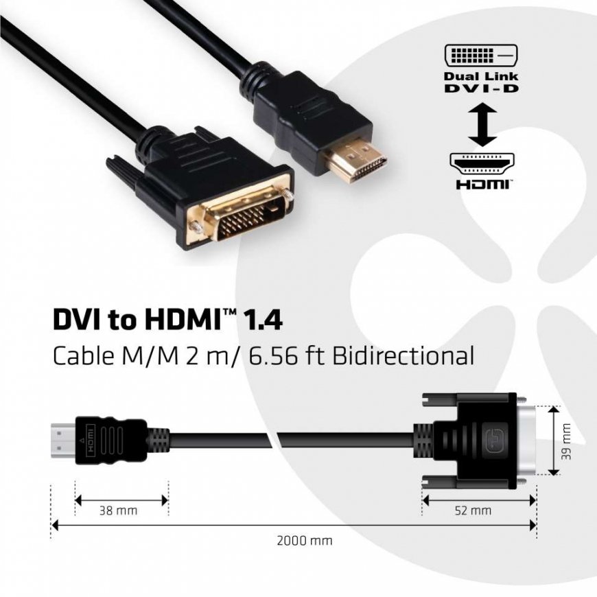 CLUB3D DVI to HDMI 1.4 Cable M/M 2m/ 6.56ft Bidirectional – 3