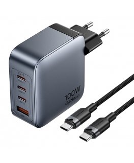 Vention-virtalaturi 3x USB-C, 1x USB-A, (100W/100W/30W/30W) (harmaa) USB-C - USB-C -kaapelilla (1m) (musta)