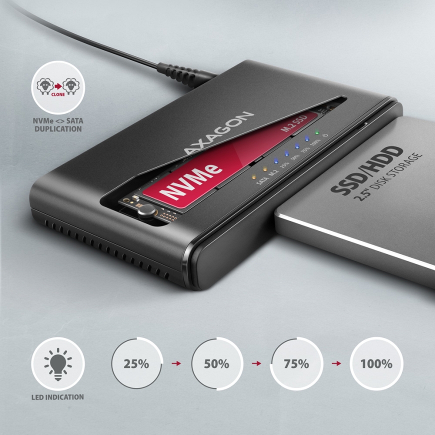 Axagon ADSA-CC USB-C 10Gbps - NVMe M.2 SSD & SATA 2.5/3.5 SSD/HDD CLONE MASTER 2 - Digital/Daten - N – 4