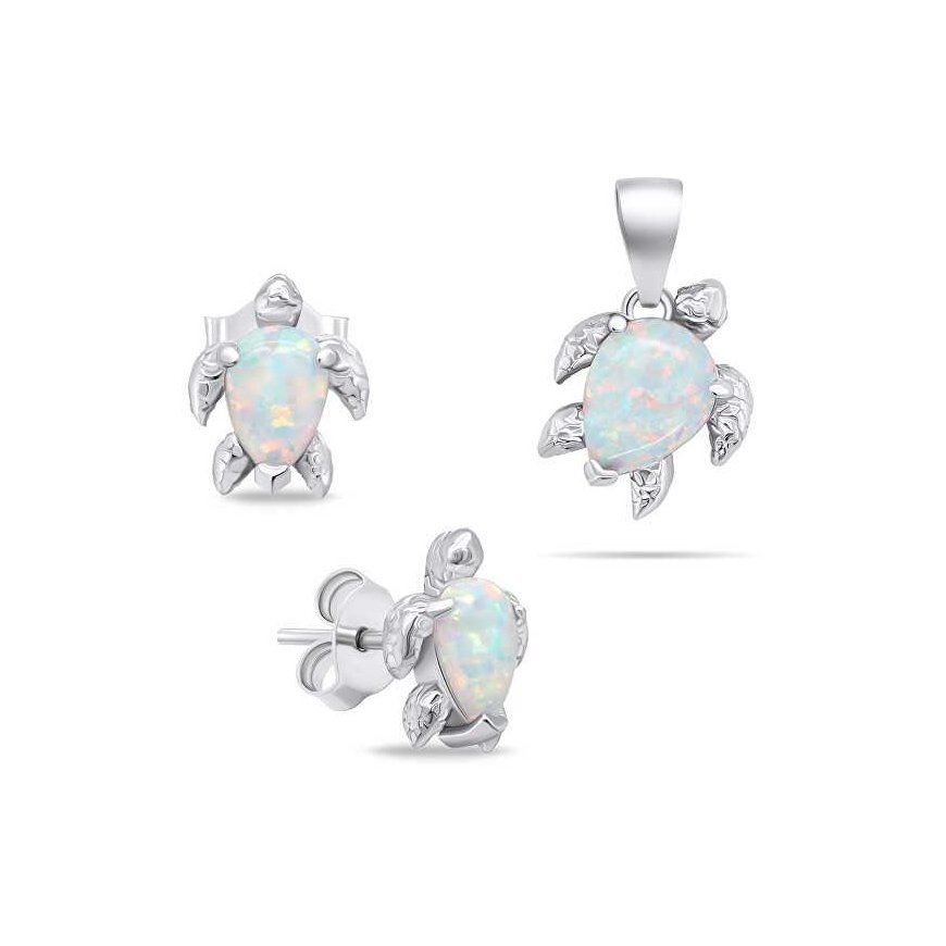 Brilio Silver Playful silver jewelry set with opals Turtle SET235W (earrings, pendant)