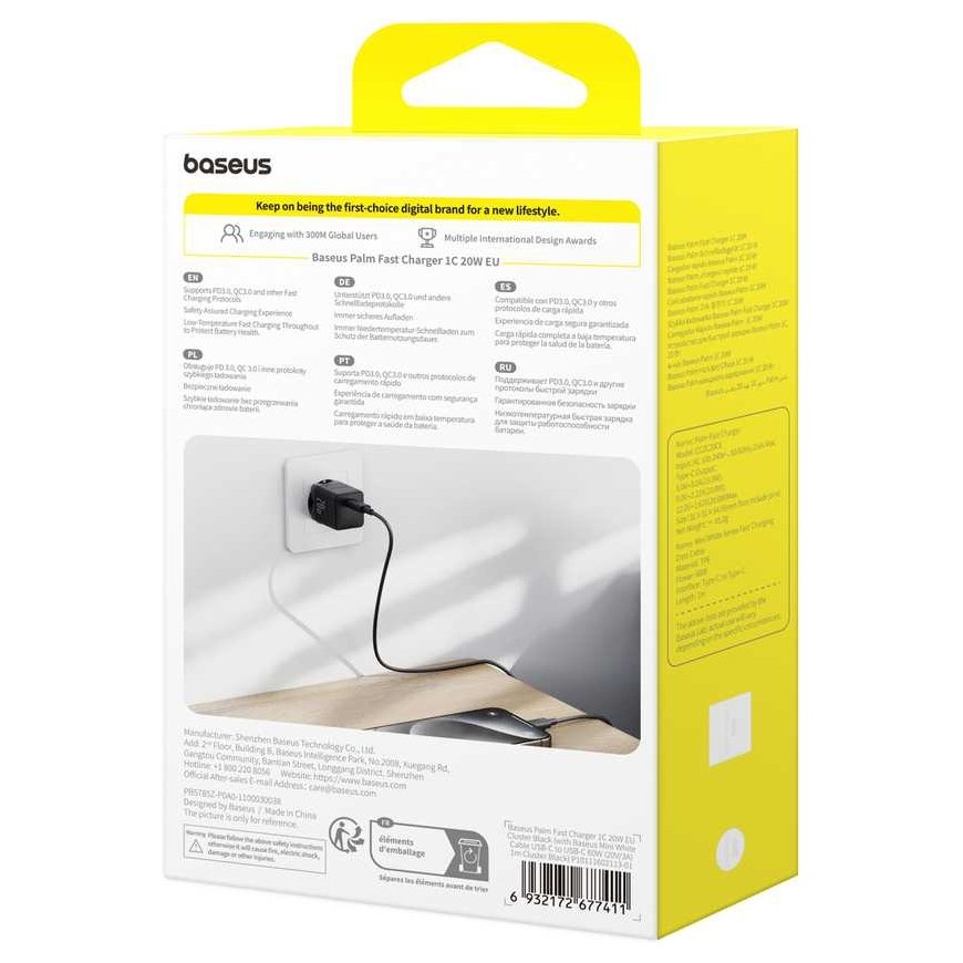 Baseus-seinälaturi Palm 20W USB-C QC3.0 PD3.0 USB-C-kaapelilla 1m, musta – 4