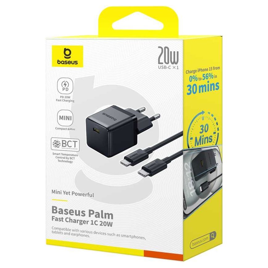 Baseus Sieninis įkroviklis Palm 20W USB-C QC3.0 PD3.0 su USB-C kabeliu 1m, juodas – 5
