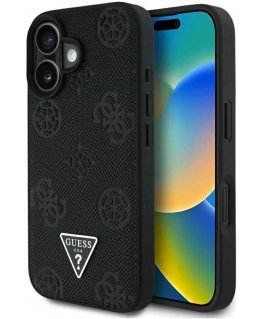 Original GUESS Grained Hot Stamp Peony Triangle Logo MagSafe Case for Apple iPhone 16 black