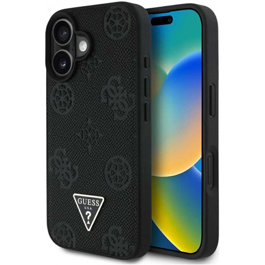 Original GUESS Grained Hot Stamp Peony Triangle Logo MagSafe Case for Apple iPhone 16 black