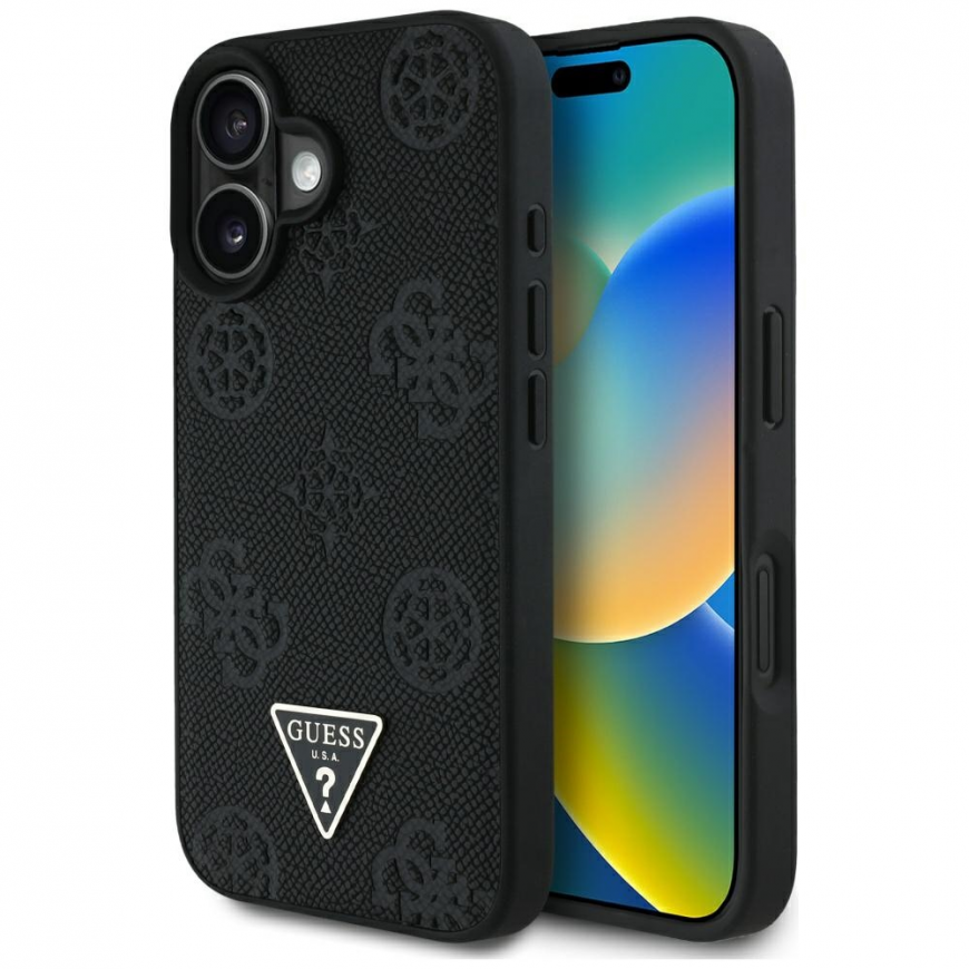 Original GUESS Grained Hot Stamp Peony Triangle Logo MagSafe Case for Apple iPhone 16 black – 2