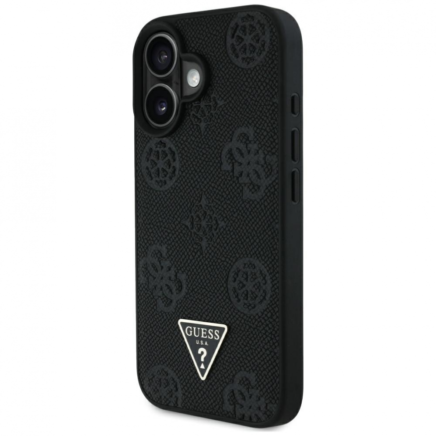 Original GUESS Grained Hot Stamp Peony Triangle Logo MagSafe Case for Apple iPhone 16 black – 3