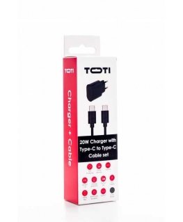 SEEK TOTI 20W Type-C PD Wall Fast Charger with Type-C to Type-C, 1 m PVC Data Cable 3A, Black