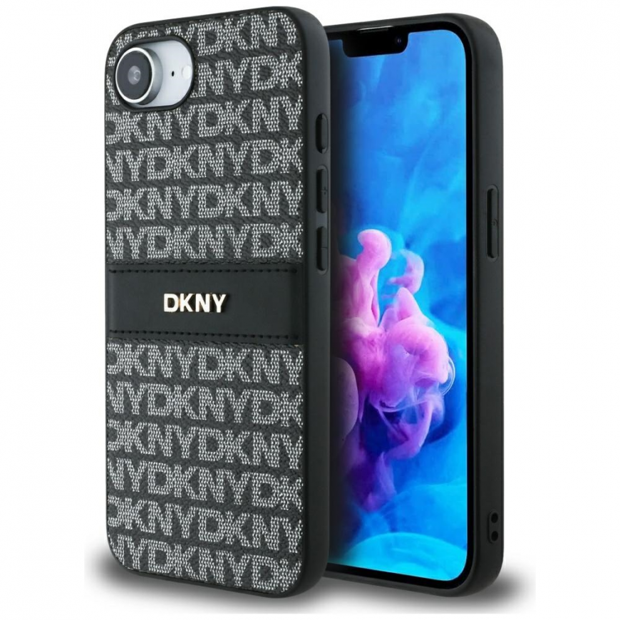 DKNY Repeat Texture Pattern with Tonal Stripe -suojakuori Apple iPhone 16e:lle, musta – 2