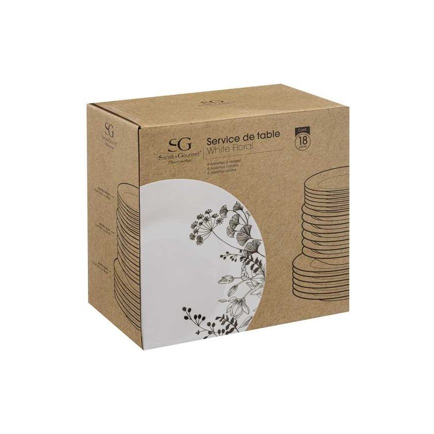 PIECES Porcelain tableware for 6 people, WHITE FLOWERS, 18 pieces