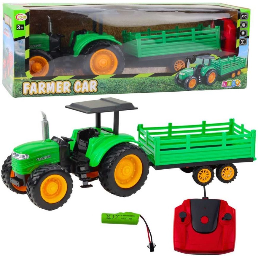 Lean Toys RC Green Remote Controlled Farm Tractor With Trailer