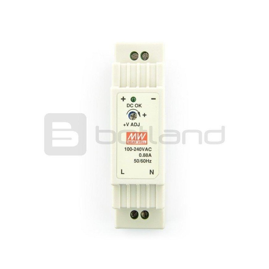 The Mean Well DR-15-12 power supply is mounted on a DIN rail, 12V 1.25A 15W. – 2