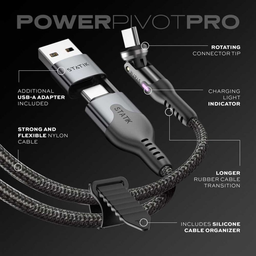 STATIK PowerPivot Pro neilona austais kabeļiem, USB-C uz USB-C, 1m, Melns – 3