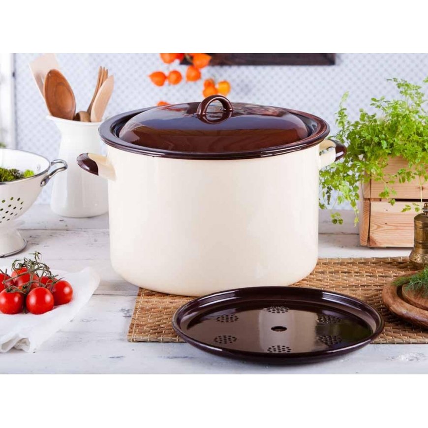 Emaljēts vārīšanas katls 13,6 l diametrs 30cm | augstums 20cm | krēmkrāsas/brūnas krāsas, ar vāku – 3