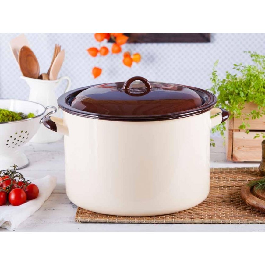 Emaljēts vārīšanas katls 13,6 l diametrs 30cm | augstums 20cm | krēmkrāsas/brūnas krāsas, ar vāku – 4