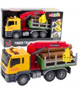 Lean Toys Dzeltenais koka pārvadāšanas kravas auto ar krānu 1:14