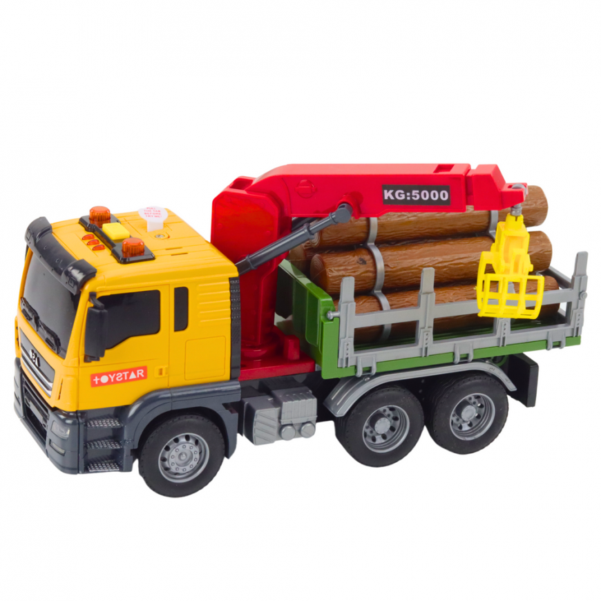 Lean Toys Dzeltenais koka pārvadāšanas kravas auto ar krānu 1:14 – 2