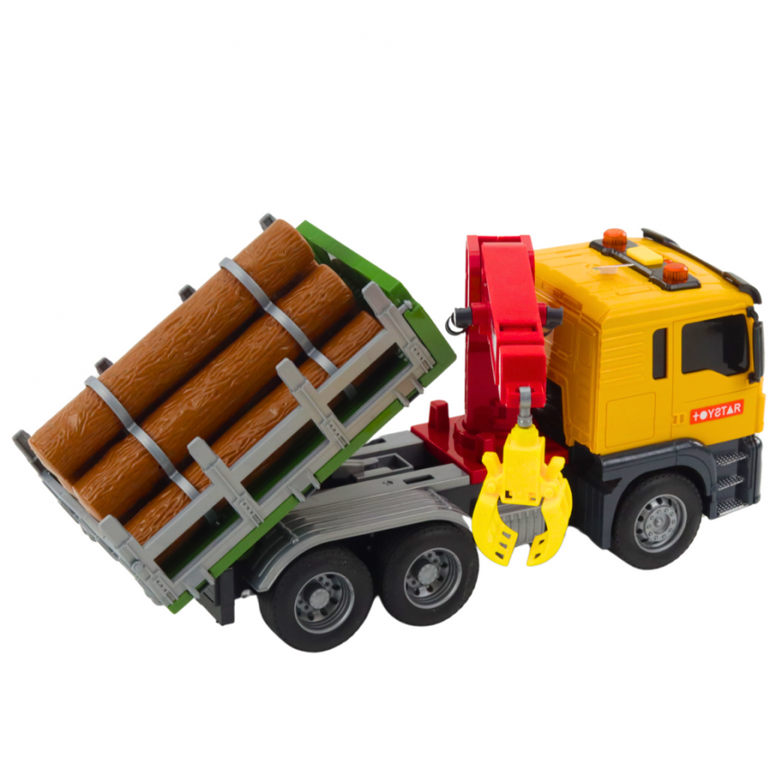 Lean Toys Kollane puidutranspordi veoauto kraaniga 1:14 – 3