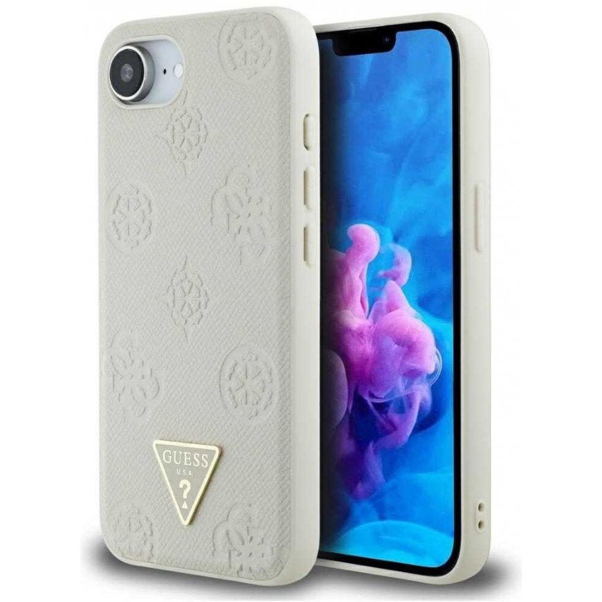 „Guess“ „Grained Hot Stamp Peony Triangle Logo MagSafe“ dėklas, skirtas „iPhone 16e“ – smėlio värvi