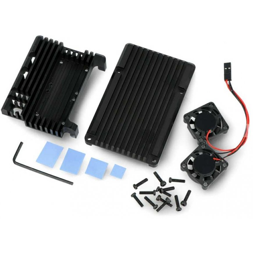 justPi Raspberry Pi 5 -kotelo kahdella tuulettimella - alumiini - musta – 4
