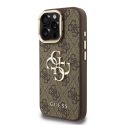 Guess PU 4G Metal Logo Stand Camera Frame case designed for Apple iPhone 16 Pro in brown color