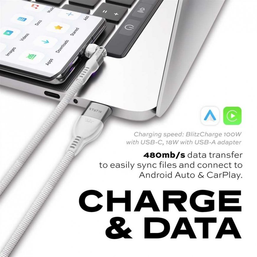 STATIK PowerPivot Pro braided cable, USB-C to USB-C, 1m, White – 3